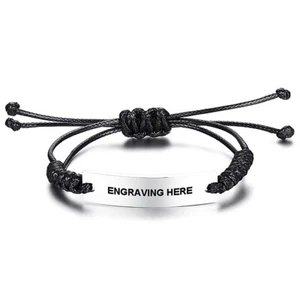 Stainless Steel Men's 8" Adjustable Braided Black Rope Bracelet-Free Engraving - Picture 1 of 5