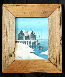 VINTAGE MEERESLANDSCHAFT M. SEGELBOOT GEMÄLDE IN FOLKART TREIBHOLZ (?) RAHMEN VON EVANS (1978) - Bild 1 von 8