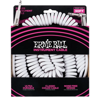 Ernie Ball 30ft  White Classic Coiled Straight/Angled Instrument cable P06045 - Image 1 of 3
