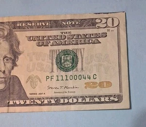 PF11100044C  Fancy Serial Number Super Trinary  $20 Dollar Bill  - Picture 1 of 3
