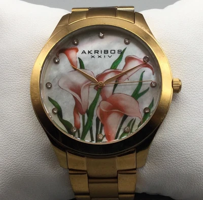 Akribos XXIV Watch Women 42mm Rose Gold Tone MOP Floral Dial New Battery 6" - Image 1 of 4