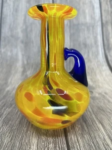 Lafiore Art Glass Vase Jug w. Handle Hand Blown Mallorca Spain Yellow Orange 5” - Picture 1 of 8