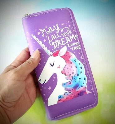 Cartera grande con cremallera tema unicornio color púrpura "Que todos tus sueños se hagan realidad" Foto 1 de 3