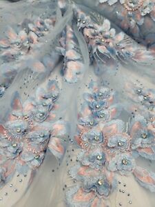 Sky Blue Fabric By The Yard 3d Floral Lace Embroidery Rhinestones Prom Quinceañe