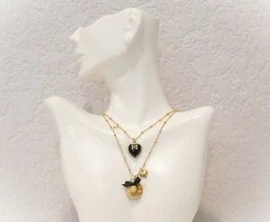 Signed Betsey Johnson Double Chain Hearts, Hat, Bow, Faux Pearl Charm Necklace - Picture 1 of 17