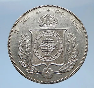 1863 BRAZIL Silver 1000 Reis Antique Brazilian Coin w Coat-Of-Arms i69371 - Picture 1 of 3