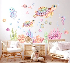 Pink Baby Turtle Seahorse Coral Underwater World Sea Removable Wall Decal Sticke - Bild 1 von 5