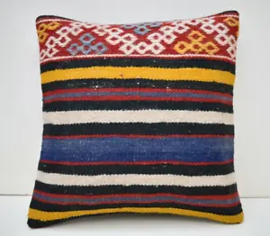 15''x15'' Embroidered Pattern Vintage Turkish Handwoven Kilim Pillow Cover Style - Picture 1 of 7