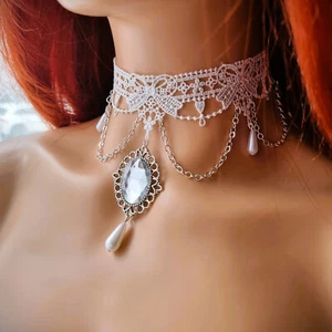 Pearl White Lace Choker Necklace Bridal Jewelry Womenl Punk Style Wedding Tassel - Picture 1 of 4