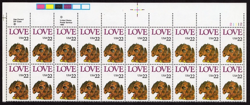 Scott #2202 Puppy Love Plate Block of 20 Stamps - MNH UR - Image 1 of 1