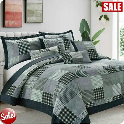 3PCs Patchwork Quilted (comprobar) Colcha Edredón de tiro de cama con almohada Shams - Imagen 1 de 4