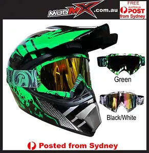 2025 GREEN Gloss Helmet + Goggles for MX BMX MOTOCROSS ATV/JNR/YOUTH/ADULT/KIDS - Picture 1 of 9