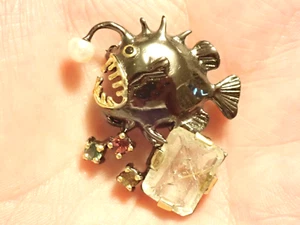 Spilla Pescatore Pesce Vintage Quarzo Rutilato Naturale Argento Sterling 925 - Foto 1 di 4