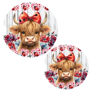 Lady bug Highland Cow Set of 2 Ceramic Car Coasters - Picture 1 of 1