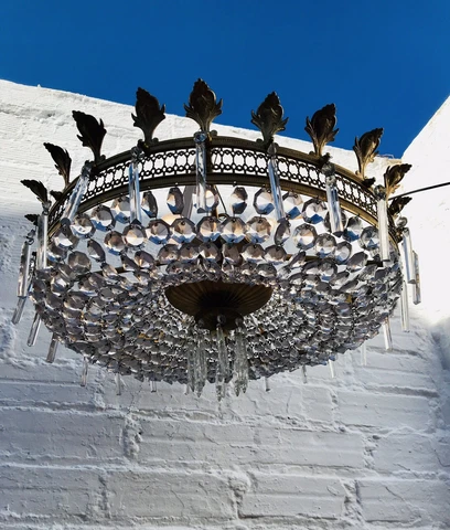 ✨ 24" ⌀ Antique Chandelier Crystal Bag Semi Flush Brass Filigree Icicle Brass Cover
