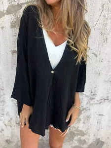 Full Size One Button Long Sleeve Shirt Plus Size - Picture 1 of 60