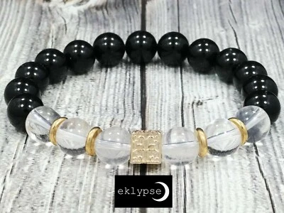Brazalete de oro unisex 8"L HIP 10mm AA+ de ónix negro y cristal de cuarzo con cuentas Foto 1 de 4
