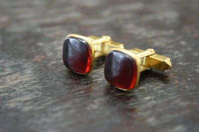 Vintage Estate Gold Tone SWANK Older Art Deco Square Red Lucite Center Cufflinks - Image 1 of 4