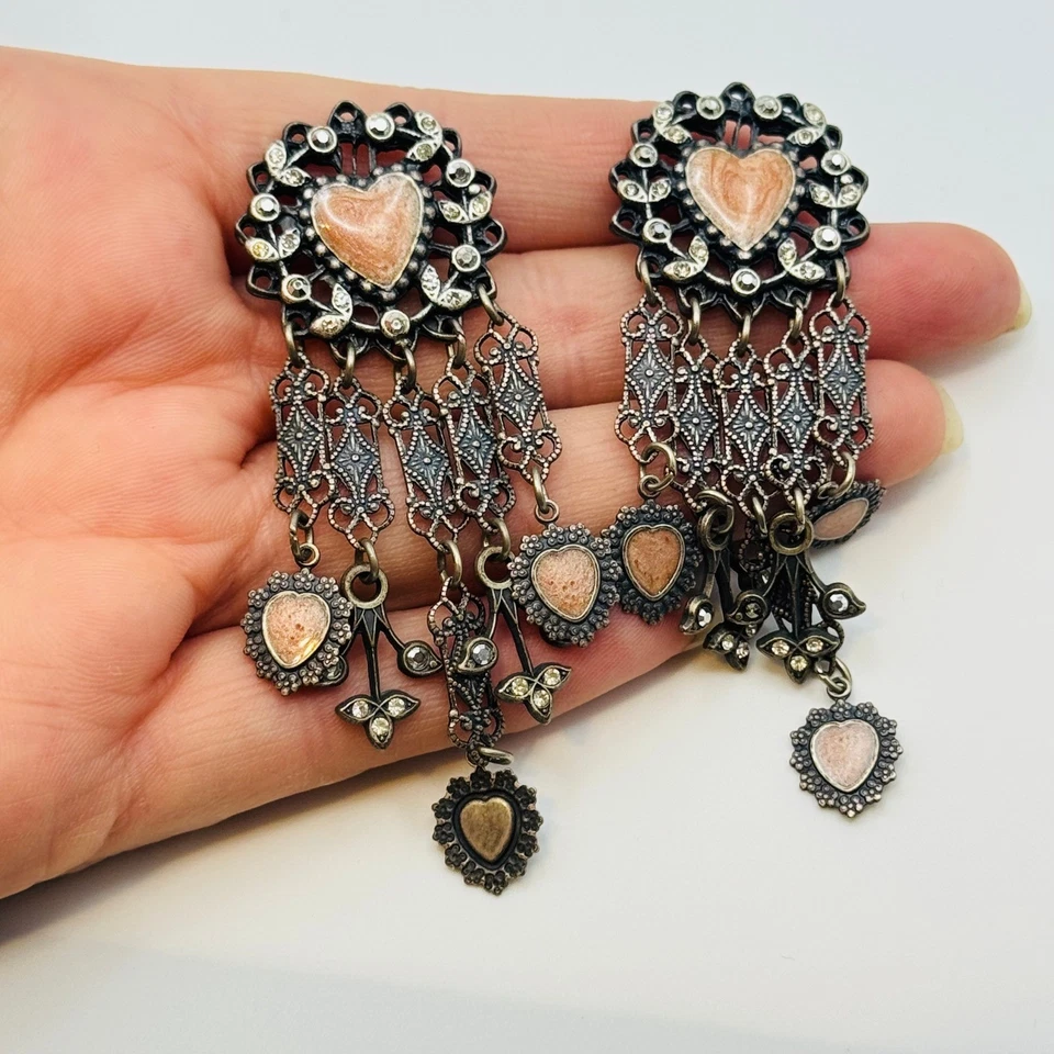 Banana Bob Heart Earrings VTG Pierced pink crystal Sweetheart Enamel Dangle 90s - Image 1 of 4
