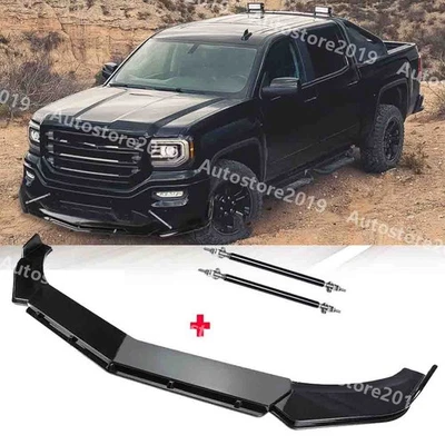 For GMC For Sierra 1500 Pickup Gloss Front Bumper Lip Splitter Spoiler+Strut Rod - Image 1 of 4