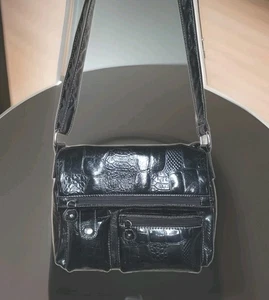 Unique Womens Crossbody Bag Purse Black Faux Eel Skin Biker Liteweight & Pockets - Picture 1 of 13