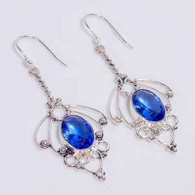 Tanzanite Gemstone Vintage Handmade 925 Sterling Silver Earrings 2.5" KE-434 l67 - Image 1 of 4