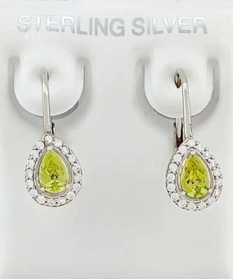 LAB CREATED PERIDOT & WHITE SAPPHIRE DANGLE EARRINGS .925 Silver - NWT - Image 1 of 4