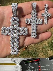 MOISSANITE Prong Miami Cuban Link Cross Pendant - 925 Silver Necklace 3 Sizes - Picture 1 of 24