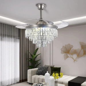 42'' Retractable Blade Ceiling Fan Light Crystal Chandelier Silver LED 3-Light - Picture 1 of 6