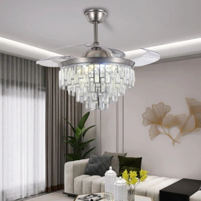 42'' Retractable Blade Ceiling Fan Light Crystal Chandelier Silver LED 3-Light - Image 1 of 4