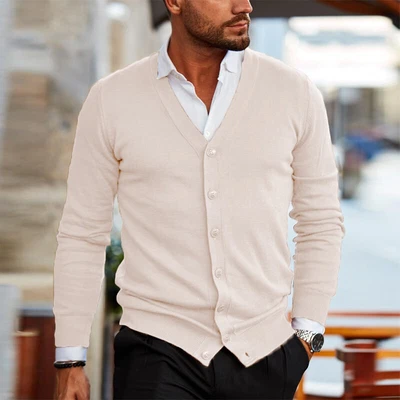 Cárdigan suéter clásico con cuello en V manga larga con botones chaqueta para el torso cálido para hombre Foto 1 de 4