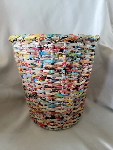 Vintage Handmade Woven Japanese Candy Wrapper Waist Basket 11.5 H x 10.5 W VGC Cover