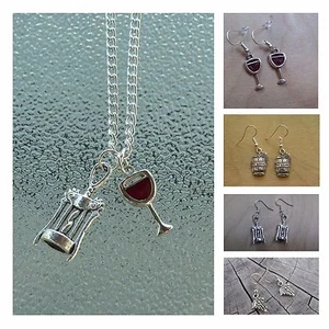Tropicalia Handcrafted Set Necklace Earrings Charms Corkscrew Painted Wine Glass - Picture 1 of 10