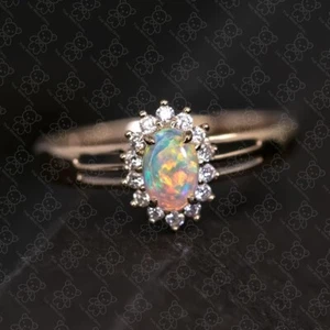Oval Halo Australian Solid Opal Diamond Engagement Wedding Ring 14K Yellow Gold - Picture 1 of 5