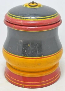 Antique Wooden Round Candy Toffee Box Original Old Hand Carved Lacquer Painted - Picture 1 of 8