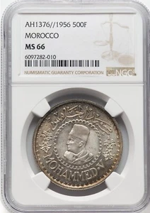 Morocco - 1956 (AH1376) - Mohamed V - 500 Francs - NGC MS66 - BEATIFUL GEM! - Picture 1 of 2