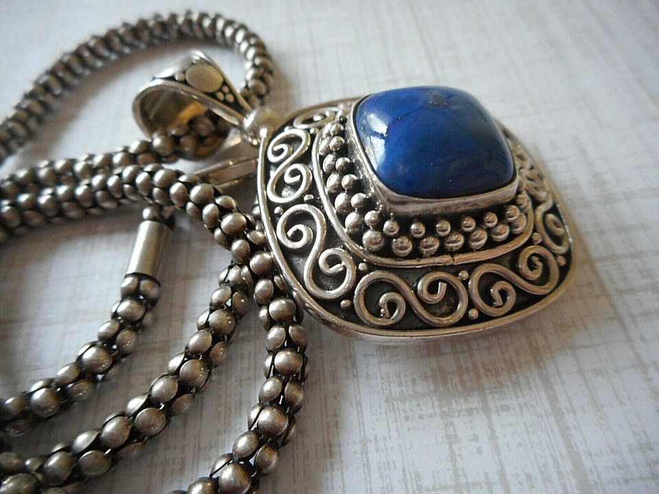 Oxidized Sterling Silver Heavy Popcorn Chain Lapis Lazuli Pendant Necklace RE31C - Image 1 of 4