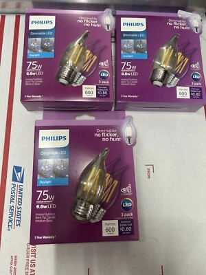 Paquete de 6 bombillas Philips 6,6 W = 75 luz diurna regulable media luz LED punta doblada vela Foto 1 de 3