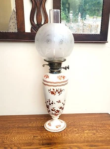 Victorian Oil Lamp 2 Part Ceramic Russet Aesthetic Transfer Print Duplex Unique - Picture 1 of 11