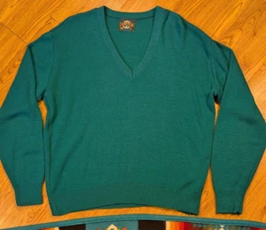 JANTZEN Vtg 80s Green Teal Acrylic V Neck SWEATER Men's M - Picture 1 of 9