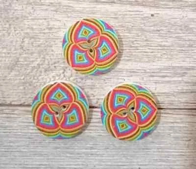 boho wood flowers sewing buttons 2 holes 1 inch brights (set #3105) 3pc new - Image 1 of 2