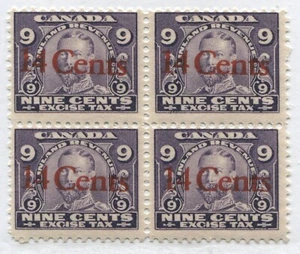 KGV  9 cents overprinted 14 cents Excise Tax block of 4 unmounted mint NH - Picture 1 of 1