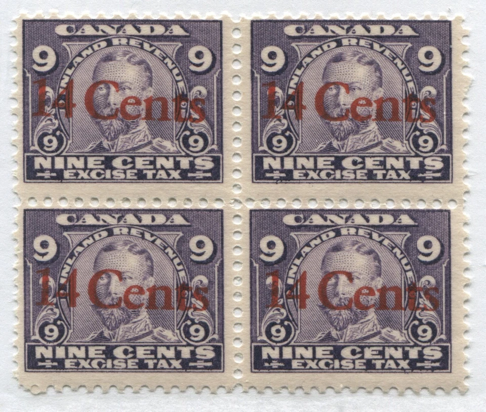 KGV  9 cents overprinted 14 cents Excise Tax block of 4 unmounted mint NH - Image 1 of 1