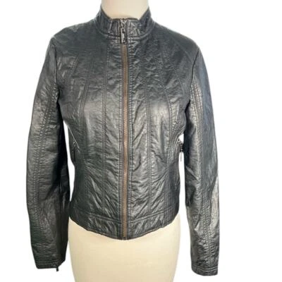 Chaqueta de moto JouJou para mujer negra suave imitación cuero cremallera forrada frontal talla pequeña Foto 1 de 4