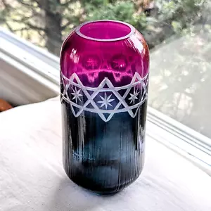 Anthropologie 7" Boho Art Deco Cut to Clear Purple Glass Vase Bud Etch Blue Pink - Picture 1 of 12