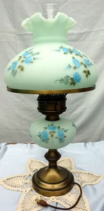 FENTON"21"W/10"SHADE"BLUE ROSES"3 WAY"LAMP"XLNT"VINTAGE~70s"SATIN GLASS"BURMESE - Picture 1 of 19