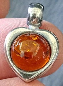 Colgante CORAZÓN Modernista Vintage Ámbar Báltico Plata Esterlina Hecho a Mano Firmado DE - Imagen 1 de 5