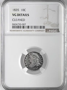 1835  10C CAPPED BUST SILVER DIME  NGC VG DETAILS "CLEANED"  8404750-007 - Picture 1 of 4