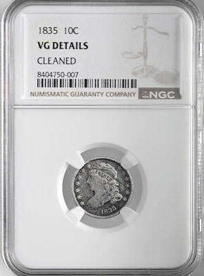 1835  10C CAPPED BUST SILVER DIME  NGC VG DETAILS "CLEANED"  8404750-007 - Image 1 of 4