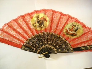 Spanish Souvenir Ladies Folding Hand Fan Red Lace, Matador, Spanish Couple - Picture 1 of 6